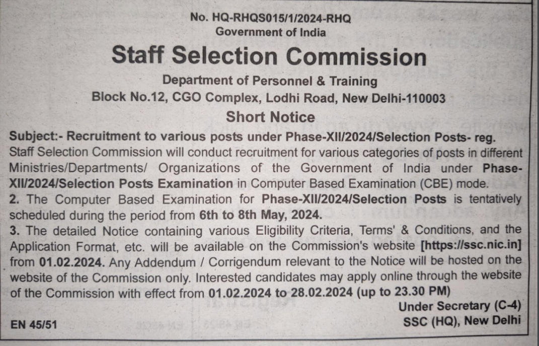 SSC Selection Post Phase 12 Notification 2024 Out, Application Form_30.1