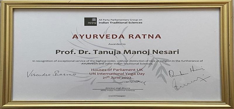 UK Parliament honours Tanuja Nesari with Ayurveda Ratna award