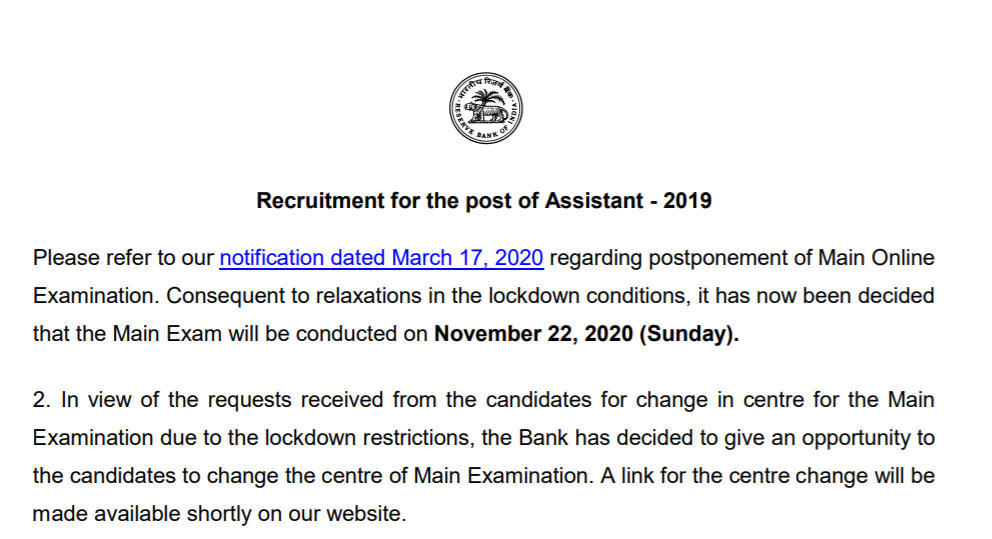RBI Assistant Main Exam Date 2020 Out: Centre Change Link Active Now_4.1