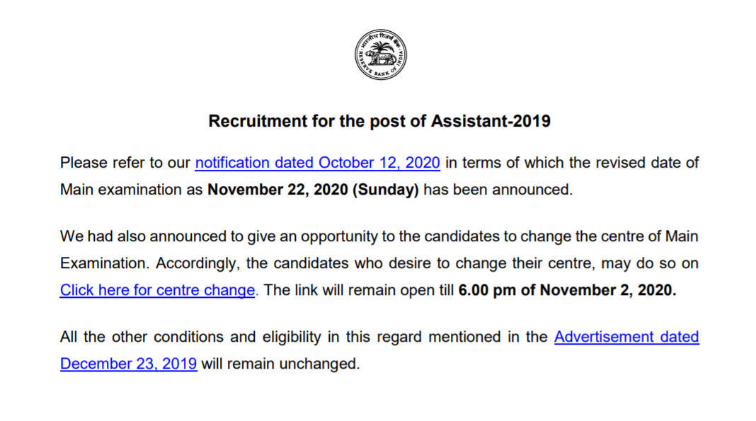 RBI Assistant Main Exam Date 2020 Out: Centre Change Link Active Now_3.1