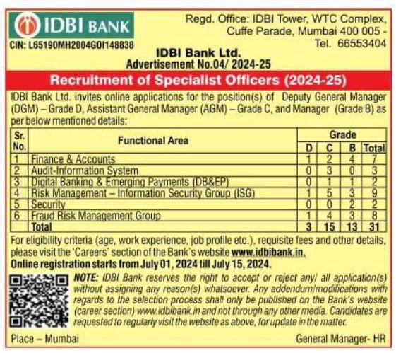 IDBI SO Recruitment 2024