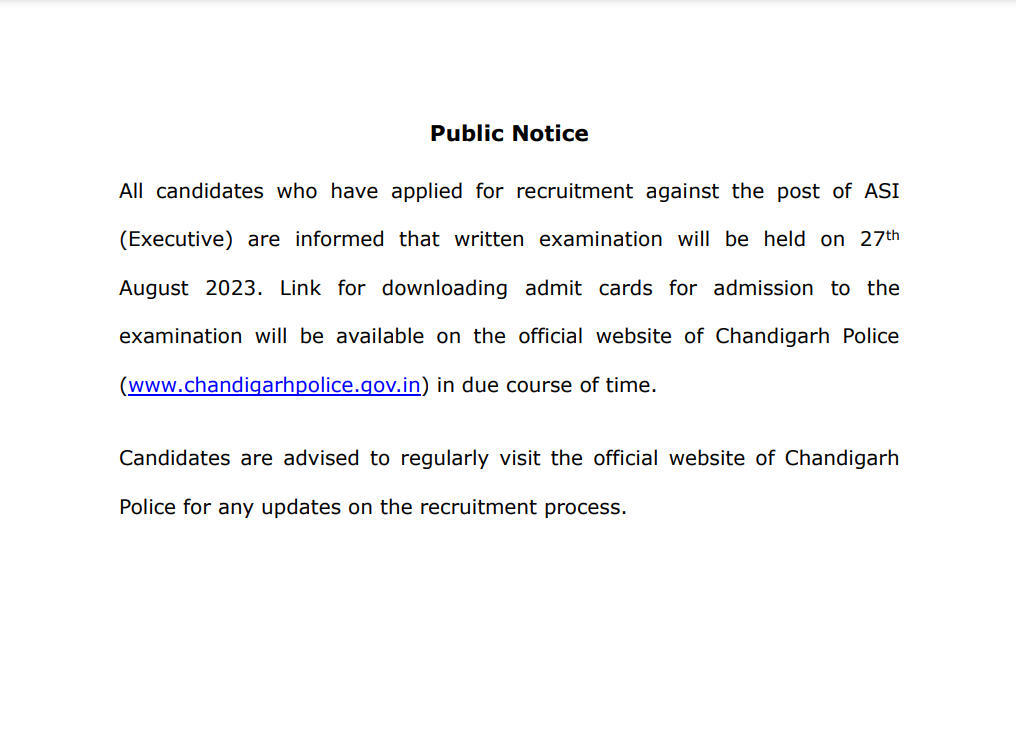 Chandigarh Police ASI Exam Date and Admit Card (Out) for 44 Posts_30.1
