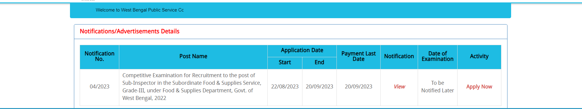 WBPSC Food SI Apply Online 2023, Form Fill Up Last Date 20 September_50.1