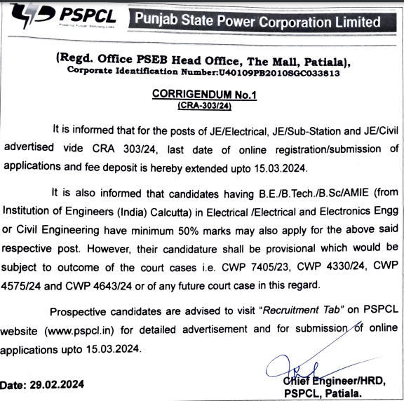 PSPCL JE Recruitment 2024, Apply Online Link Extended till 15 March_3.1
