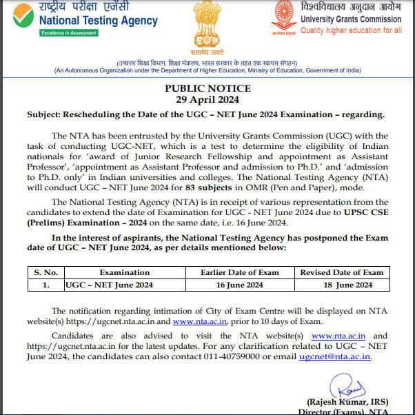 UGC NET Exam Date 2024 Revised by NTA, Exam to be held on June 18_3.1