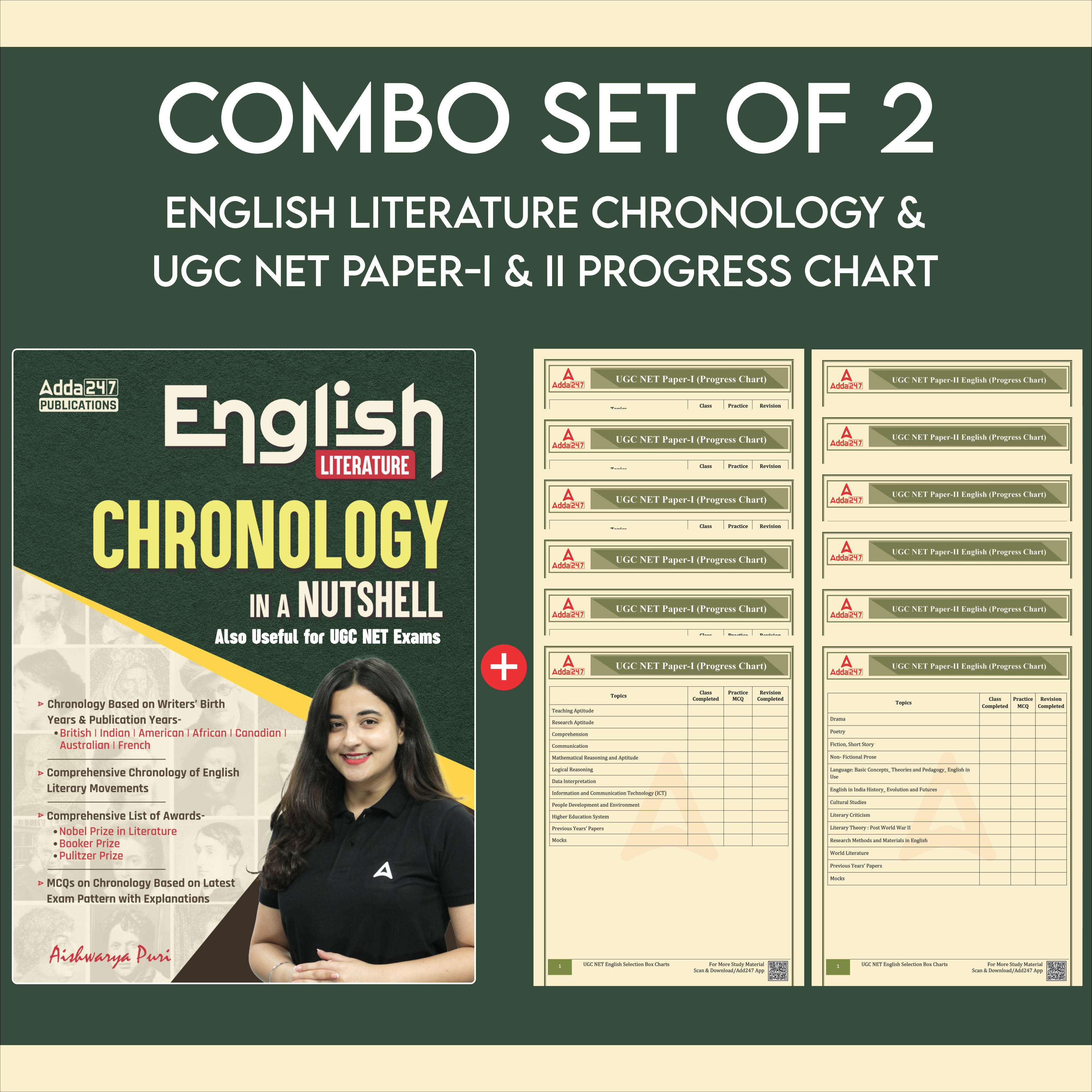 Combo Set of 2 English Literature Chronology & UGC NET Paper - I & II Charts (English Printed Edition) By Adda247