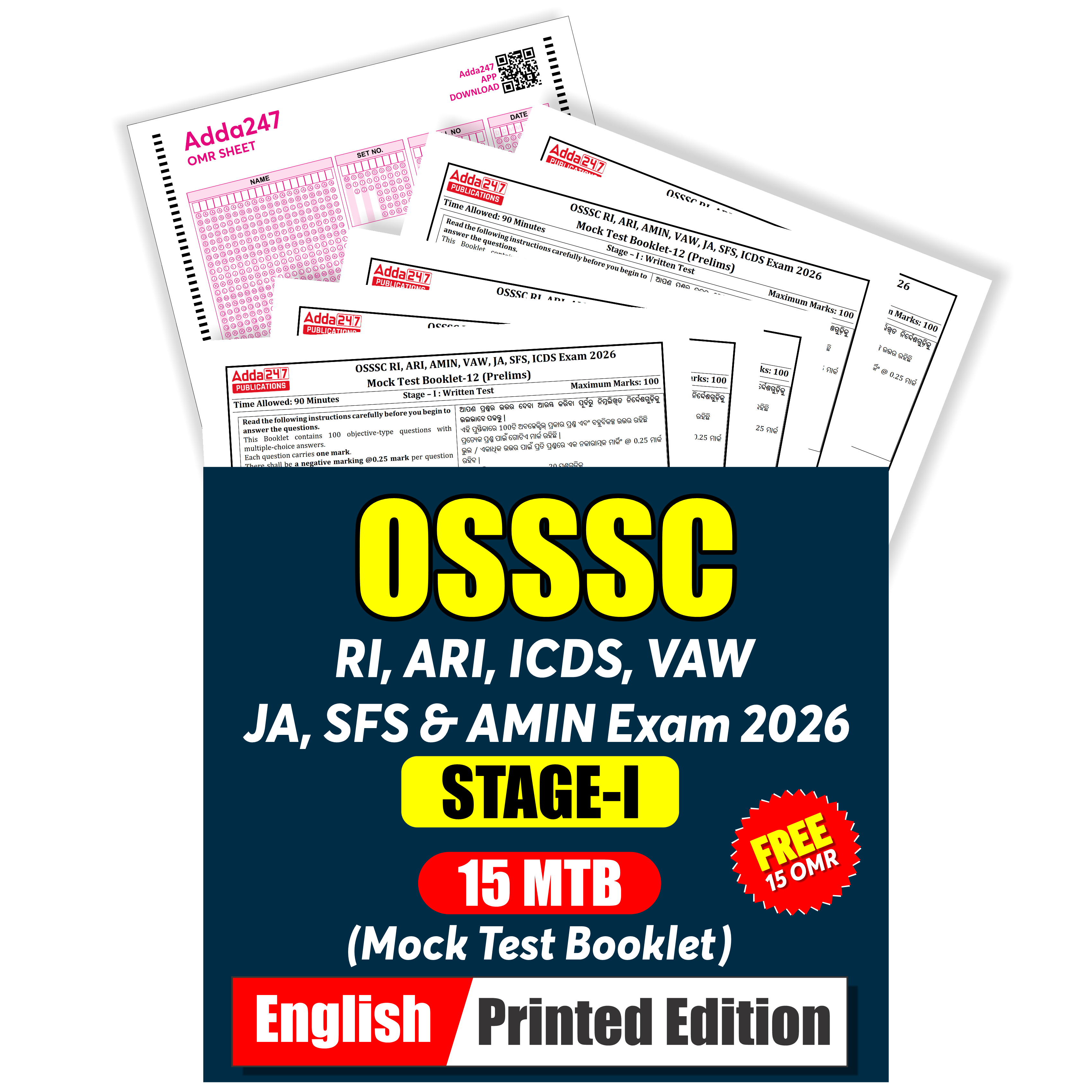 OSSSC RI, ARI, ICDS, VAW, JA, SFS & AMIN Exam 2026 Stage-I | 15 Mock Test Booklet (MTB) | English Printed Edition By Adda247