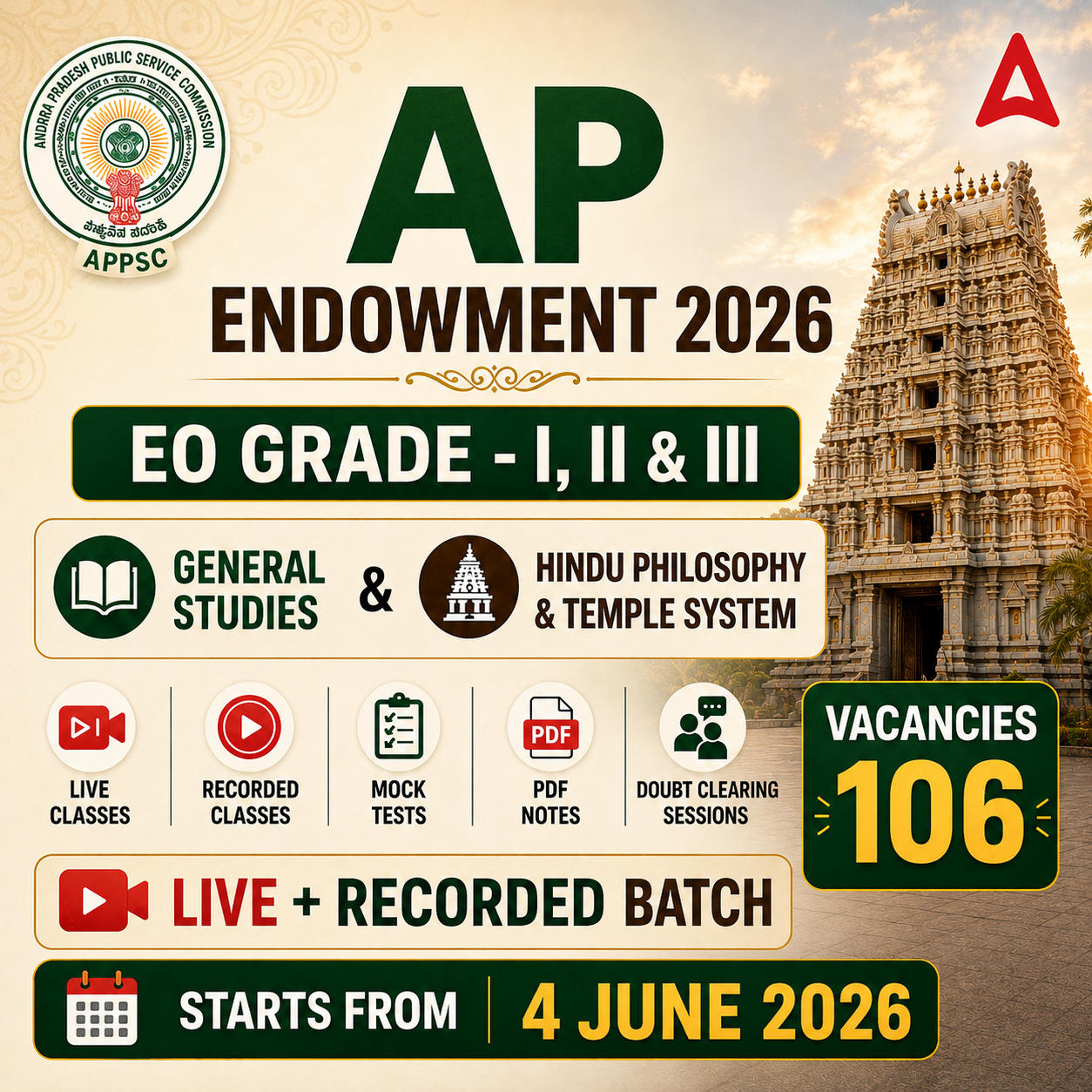 AP Endowment 2026 EO Grade-I,II & III Batch |General Studies & Hindu Philosophy & Temple System| Complete Live Batch | Online Classes By Adda247