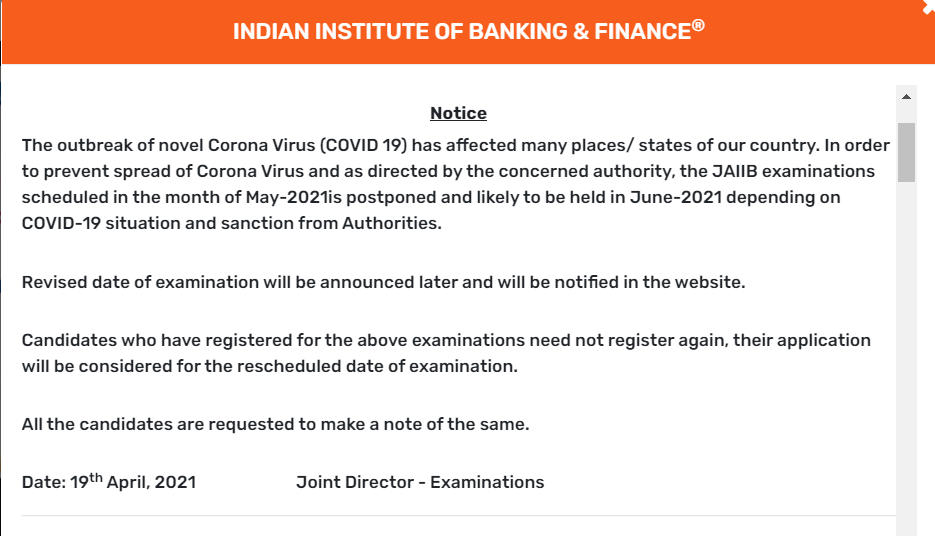 JAIIB Exam 2021 Postponed Due Covid-19: IIBF ने कोरोना के चलते स्थगित की JAIIB 2021 परीक्षा (Check Official Notice and Exam Dates) | Latest Hindi Banking jobs_4.1