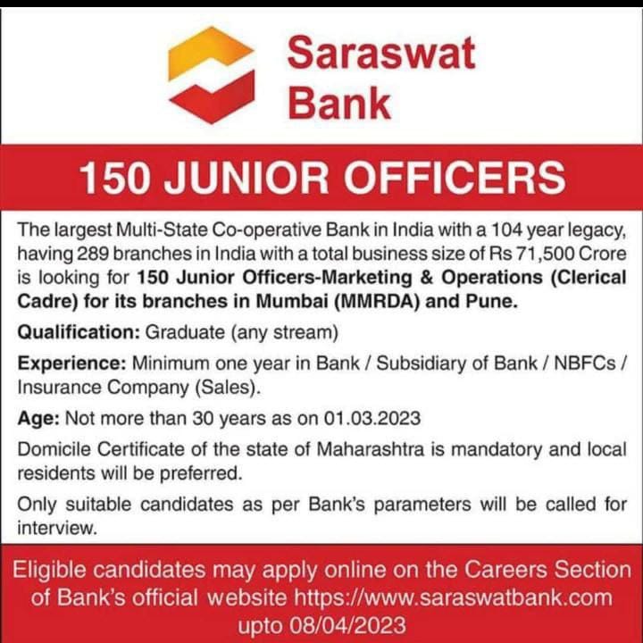 Saraswat Bank Recruitment 2023: सारस्वत बैंक भर्ती में जूनियर ऑफिसर के 150 पदों पर आवेदन की लास्ट डेट आज | Latest Hindi Banking jobs_30.1