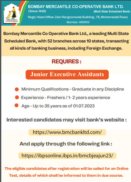 Bombay Mercantile Cooperative Bank Recruitment 2023 Out for Junior Executive Assistants_3.1