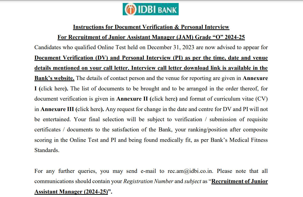 IDBI Junior Assistant Manager Interview Call Letter 2024 Out, Download Link_3.1