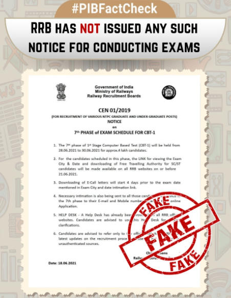 RRB NTPC Phase 7 Exam Date 2021: Fake Notice Circulating on Social Media_30.1