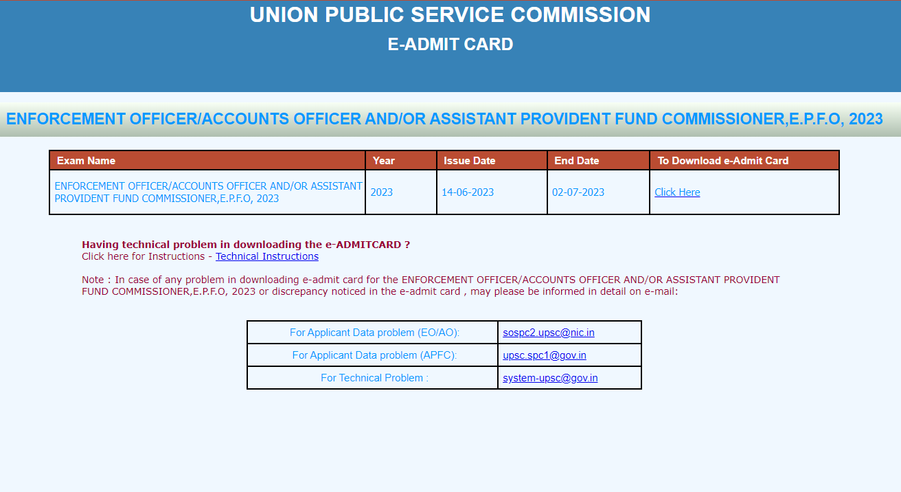 UPSC SPFO Admit Card 2023