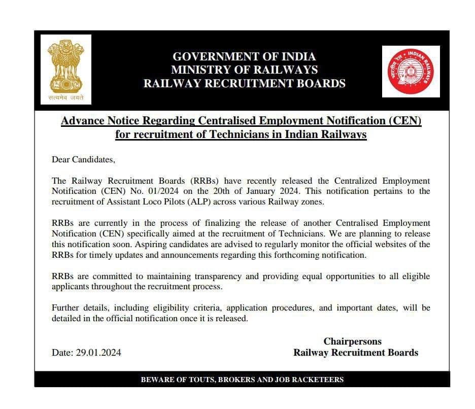 RRB Technician Recruitment 2024 Short Notice Out at indianrailways.gov.in_30.1