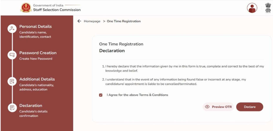 SSC New OTR Registration Declaration