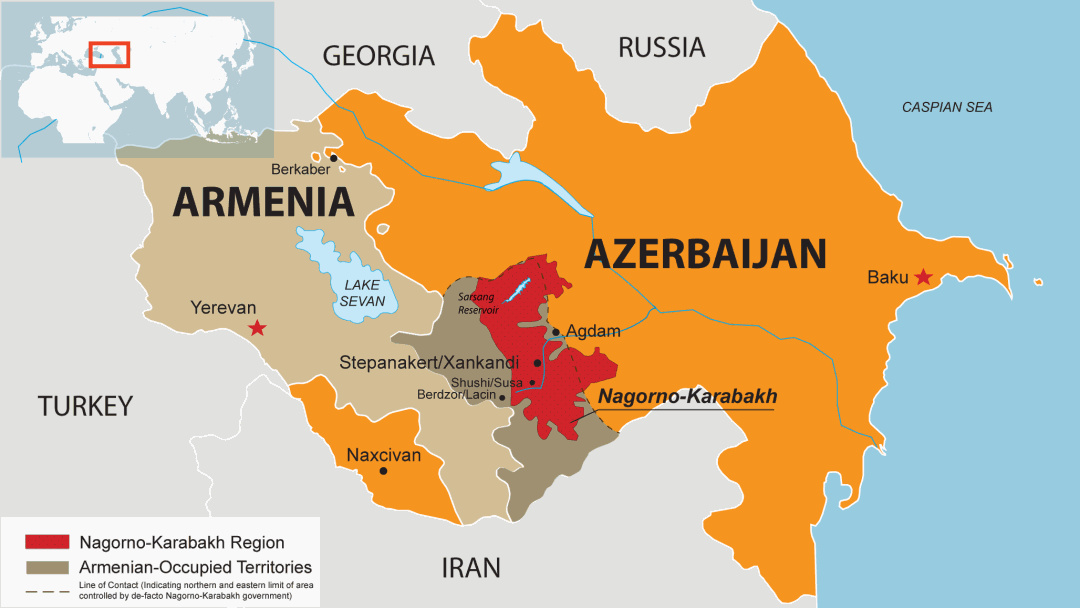 Armenia, Azerbaijan and their neighboring countries on the map.