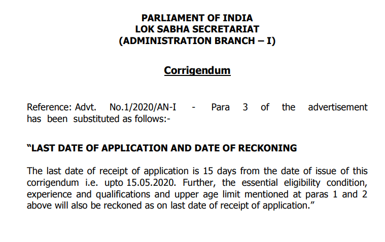 Lok Sabha Secretariat Assistant Notification 2020 Out: Apply Online Date Revised_40.1