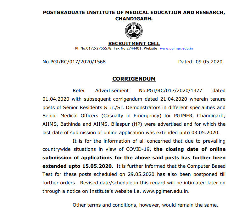 PGIMER Recruitment Notification 2020 Out: Last Date Extended_40.1