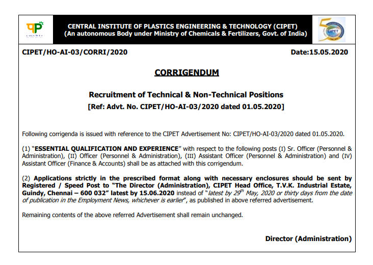 CIPET Technical & Non Technical Recruitment 2020: Last Date Extended_40.1