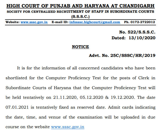 Punjab & Haryana High Court Clerk CPT Admit Card 2020: Check Computer Proficiency Test Dates_40.1