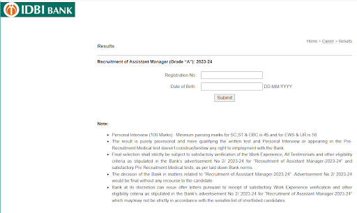 IDBI AM Result Window 2023