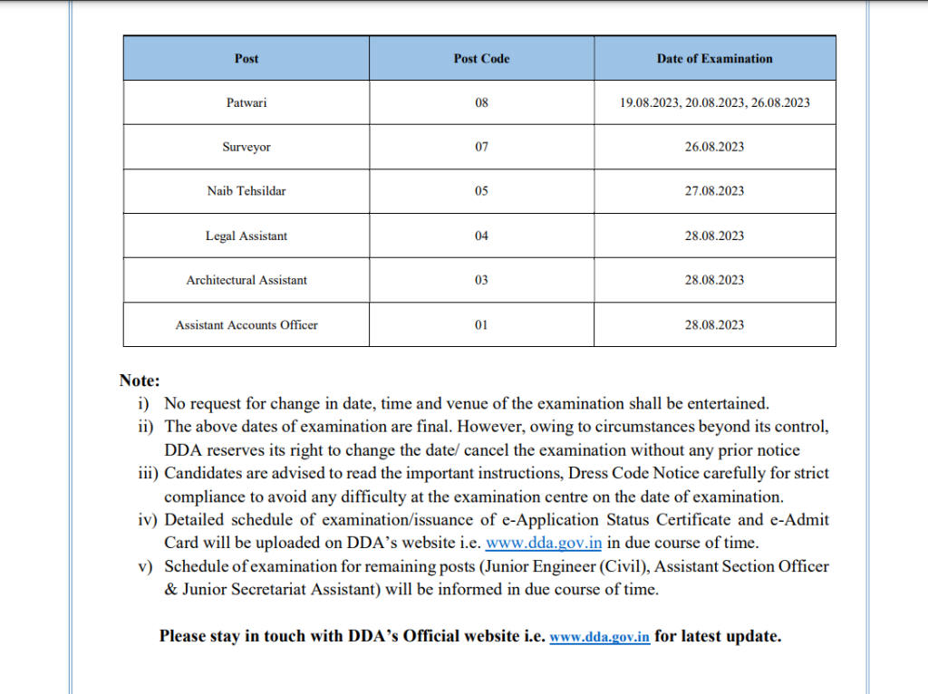 DDA Exam Date Notice 2023