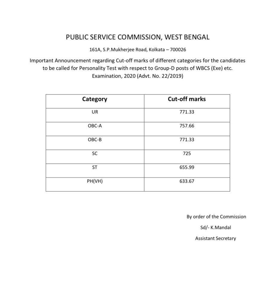 WBCS Cut OFF 2023