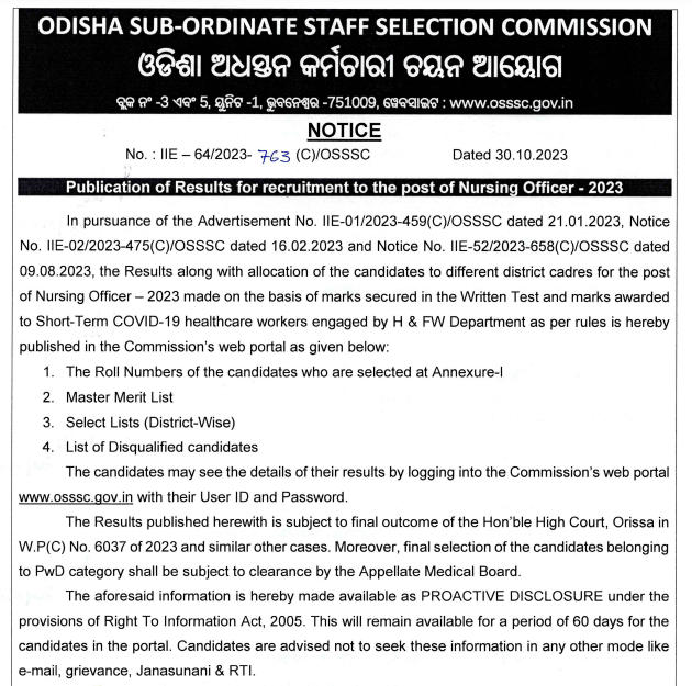 OSSSC Nursing Officer Result 2023