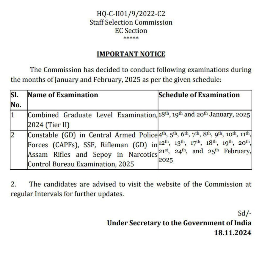 SSC Exam Date 2024 Notice