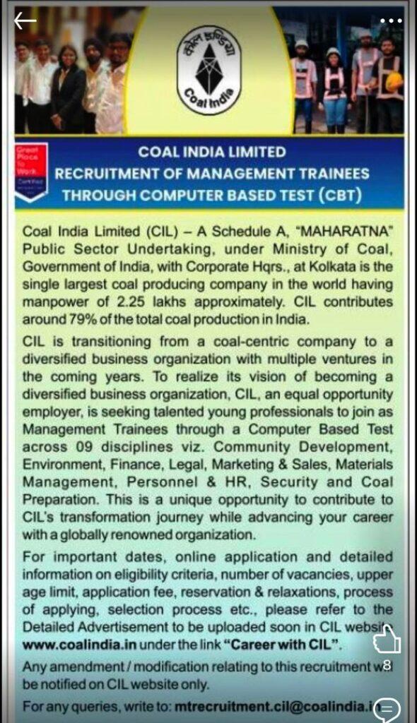 Coal India CIL Recruitment 2025 short notice