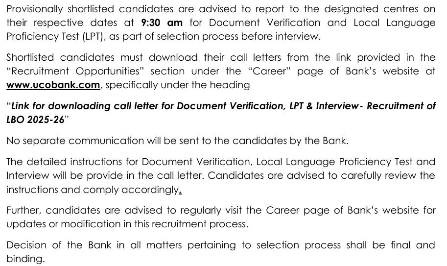 UCO Bank Interview Date 2025