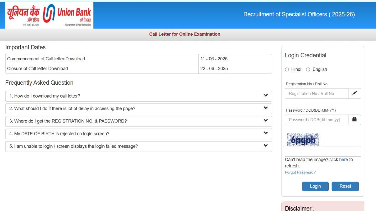 Union bank SO Admit Card 2025