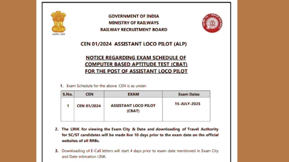 RRB ALP CBAT Exam Date 2025 Out