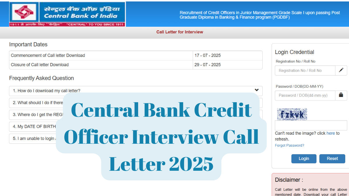 Central Bank Credit Officer Interview Call Letter 2025