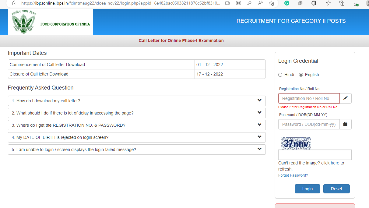 FCI Manager Admit Card 2022