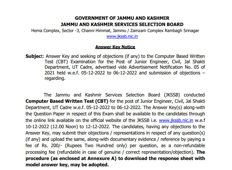JKSSB JE Civil Answer Key 2022