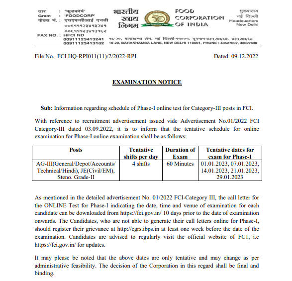 FCI JE Exam Date 2022