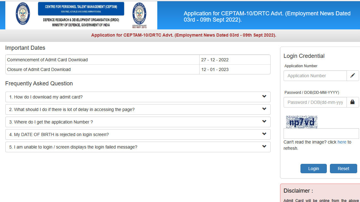 DRDO CEPTAM 10 Admit Card 2022