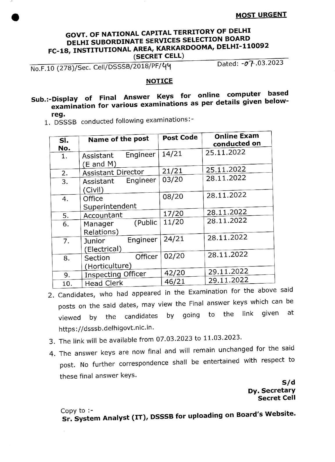 DSSSB AE Answer Key 2023