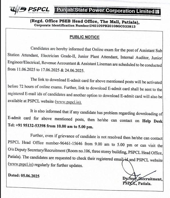 PSPCL Admit Card 2025