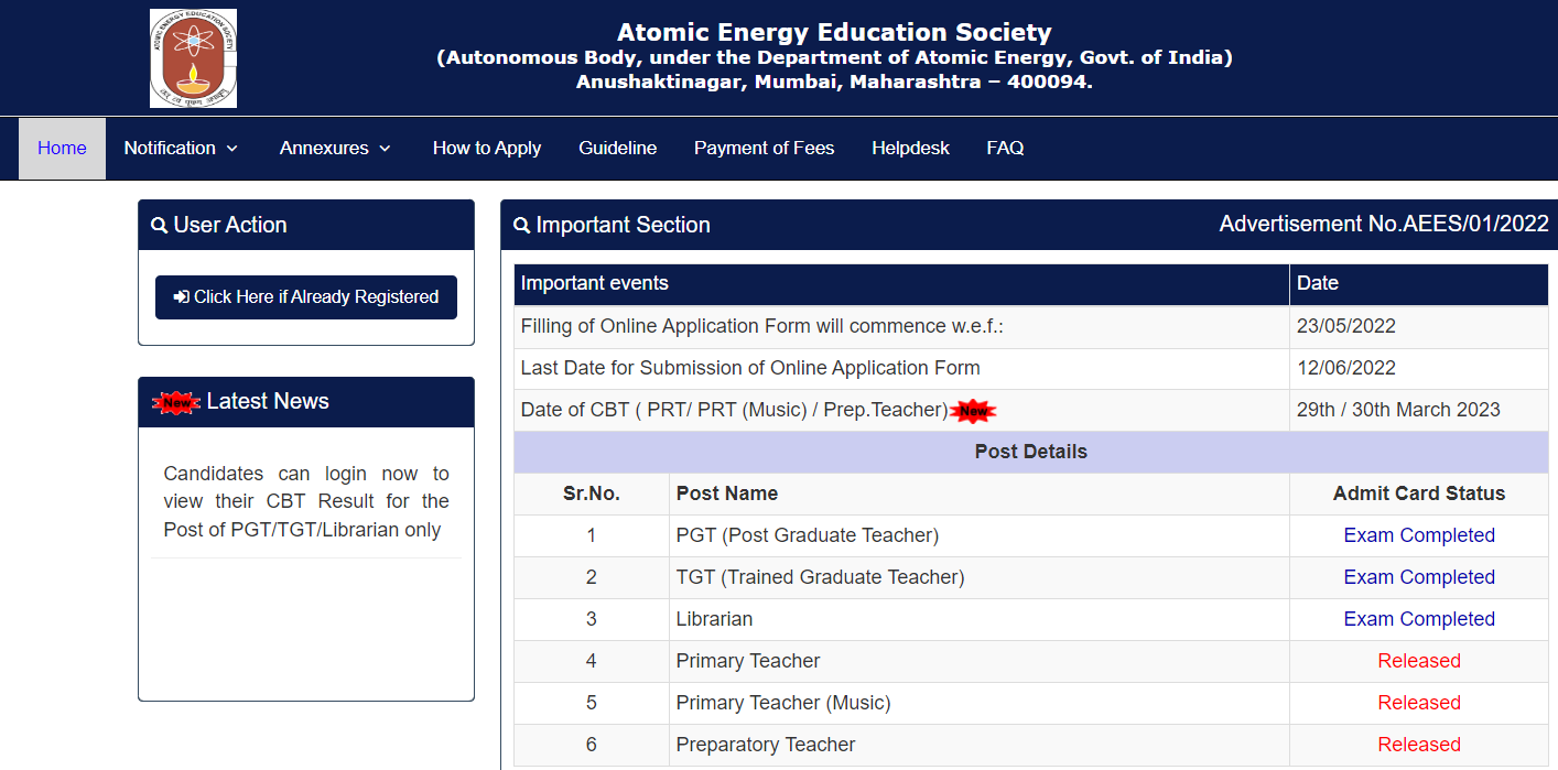 AEES Teacher Admit Card 2023