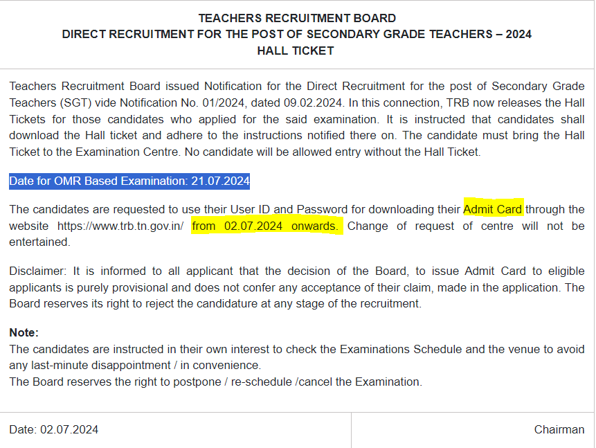 TN TRB Admit Card Notice