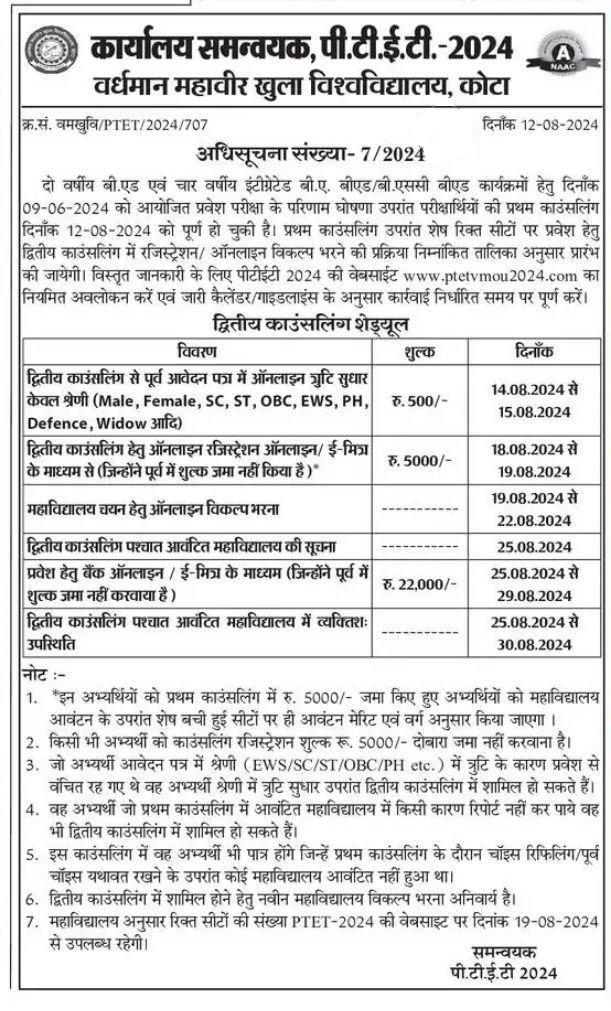 PTET 2nd Round Couselling Session Schedule