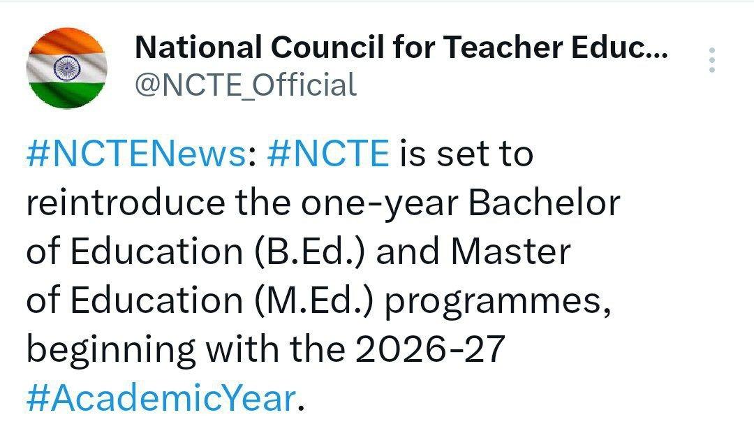 NCTE To Reintroduce One-Year BEd from 2026 Tweet