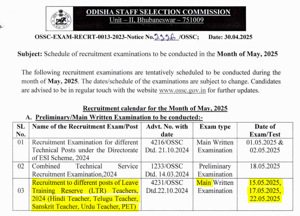 Odisha LTR Mains Exam Date 2025 Out for Phase 1
