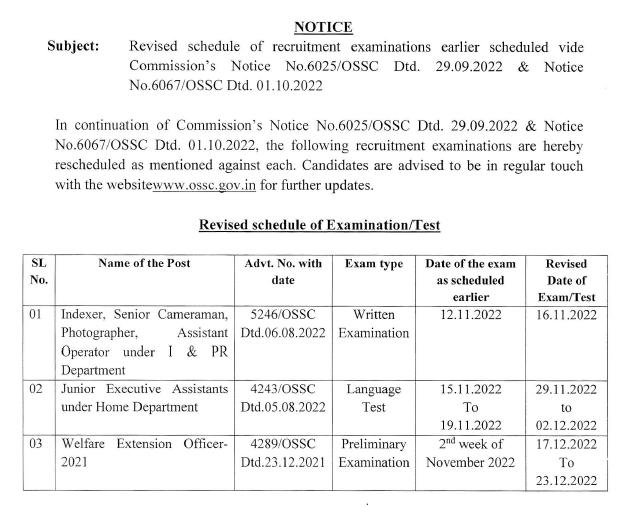 OSSC WEO Exam Date 2022