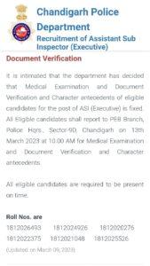 Chandigarh Police ASI Medical Exam and Document Verification 