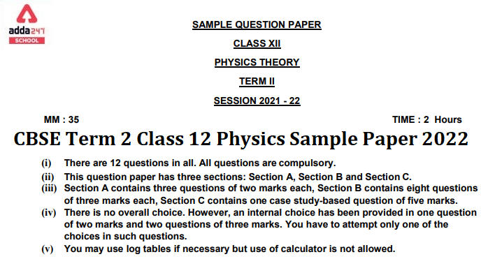 Cbse Class 12 Physics Term 2 Sample Paper With Solutions