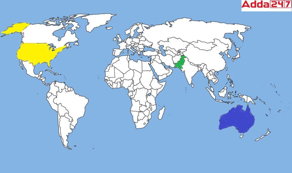 Identify and shade three federal countries (other than India) on a blank outline political map of the world.